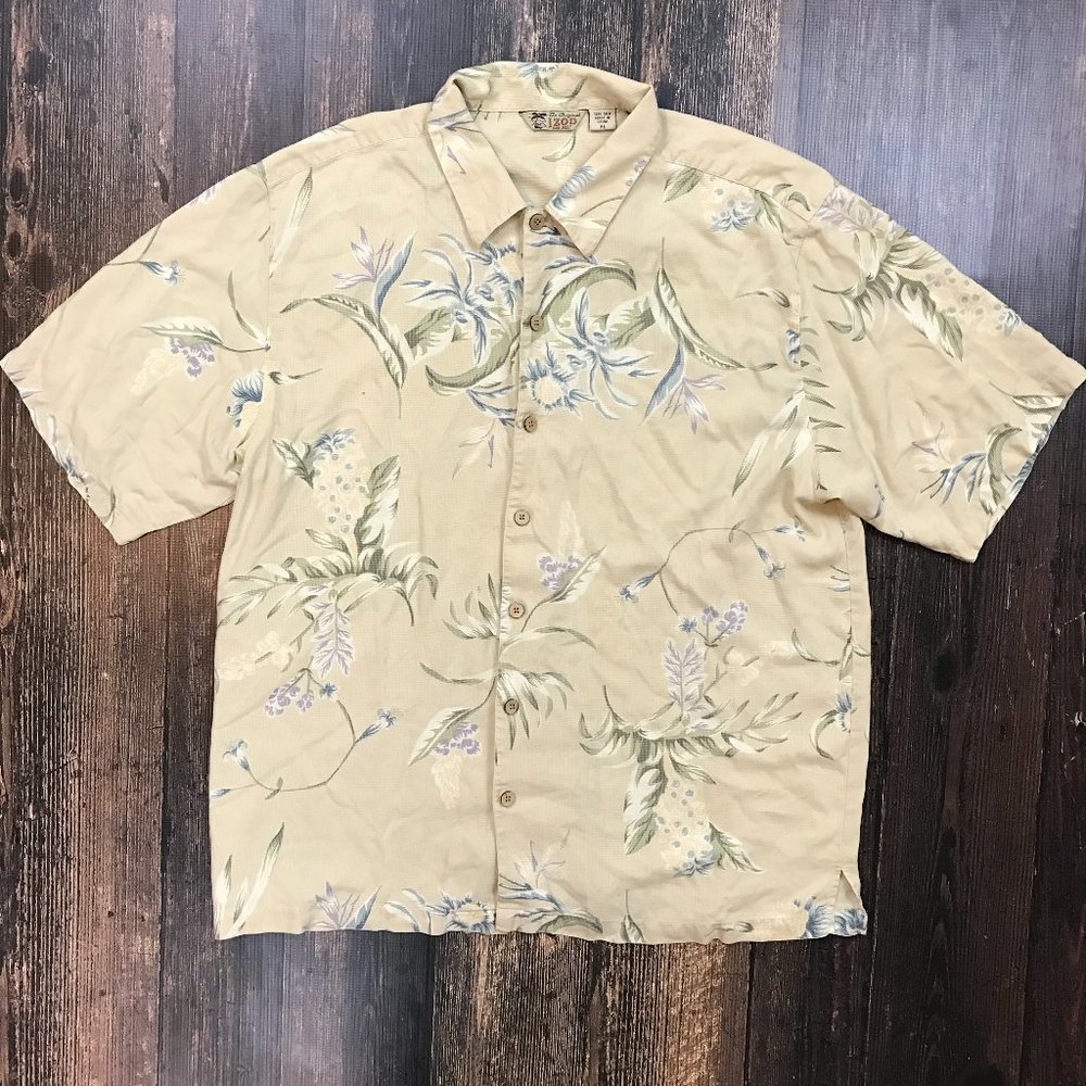IZOD Hawaiian Camp Shirt XL 100% Silk Floral Leaf Print Understated Cream Blue